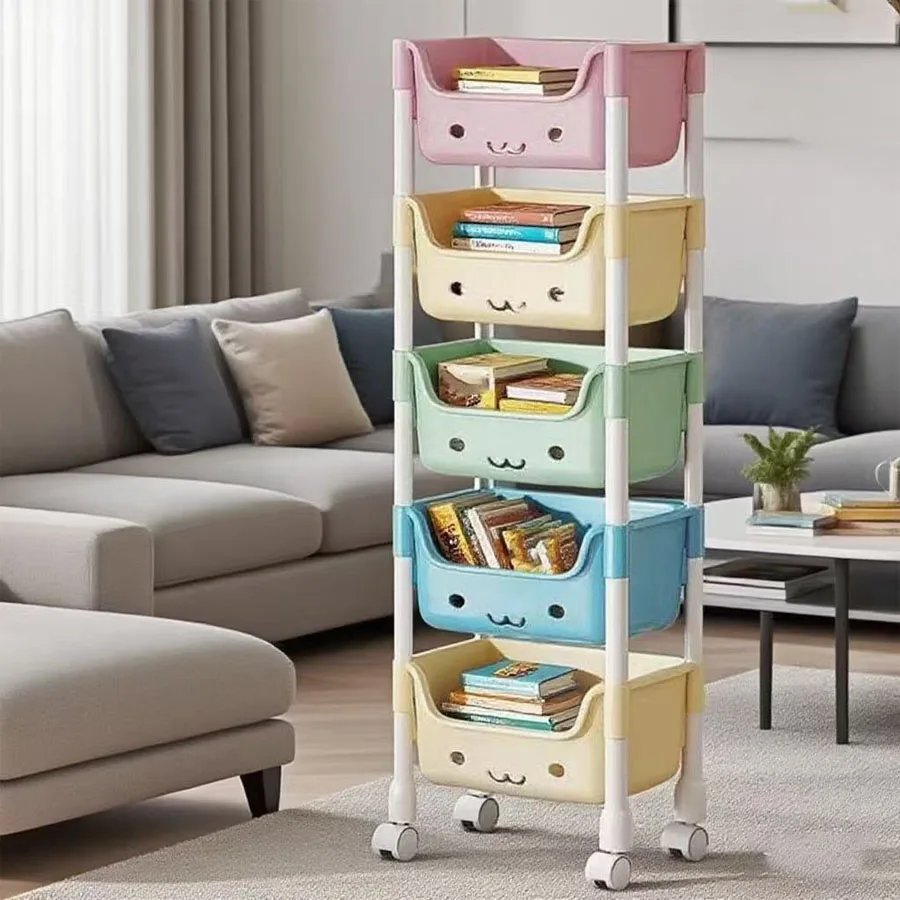 5-Tier Cartoon Rolling Storage Rack: Cute Bins for Books, Toys & Room Tidy