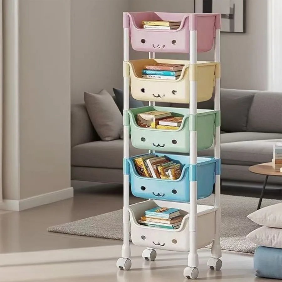 5-Tier Cartoon Rolling Storage Rack: Cute Bins for Books, Toys & Room Tidy