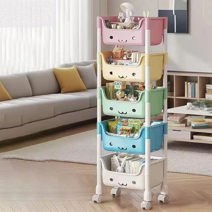 5-Tier Cartoon Rolling Storage Rack: Cute Bins for Books, Toys & Room Tidy