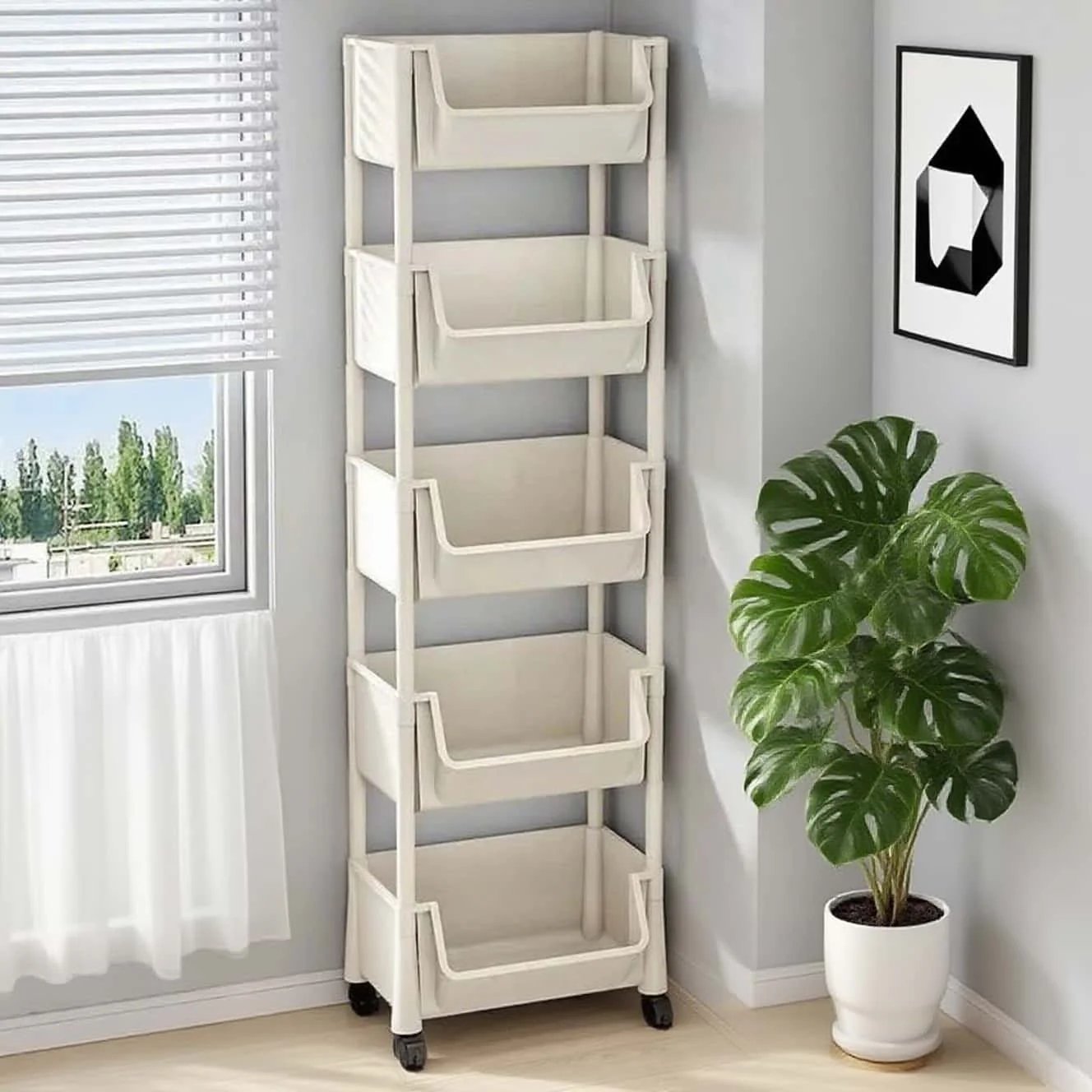 Multi layer wheeled multifunctional storage car-3/4/5 layers are easy to move and have rotatable storage shelves.