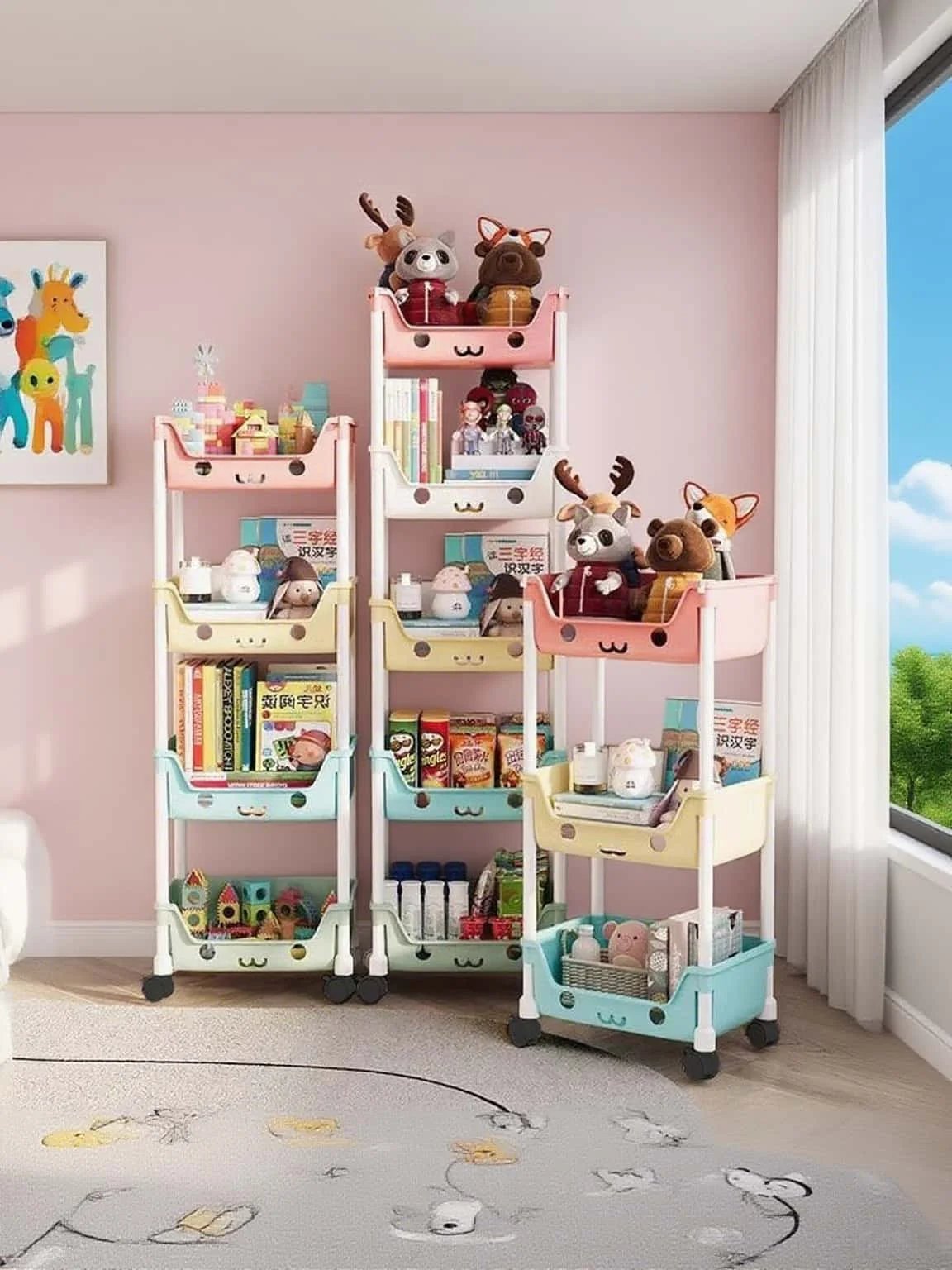 Multi layer wheeled multifunctional storage car-3/4/5 layers are easy to move and have rotatable storage shelves.