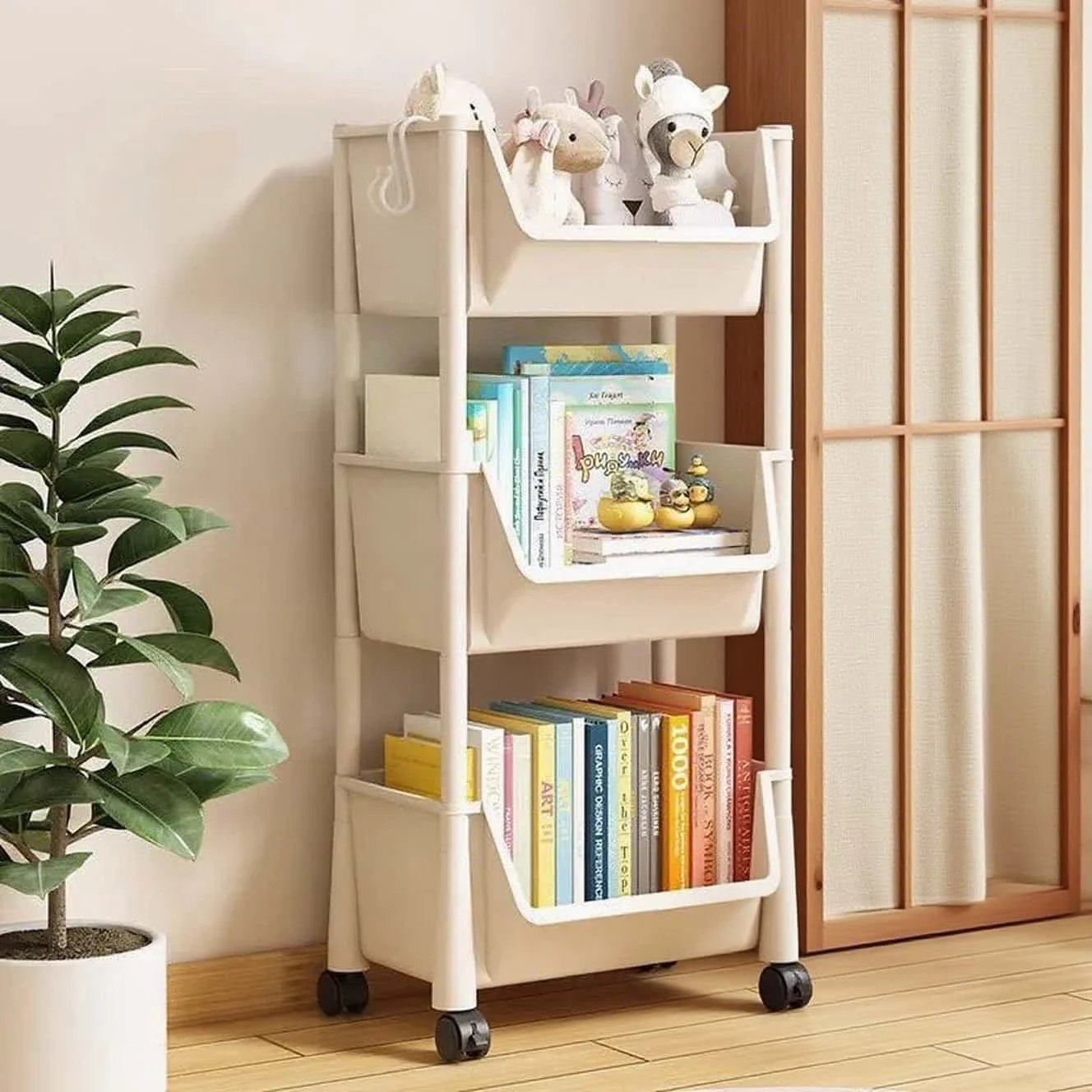 Multi layer wheeled multifunctional storage car-3/4/5 layers are easy to move and have rotatable storage shelves.