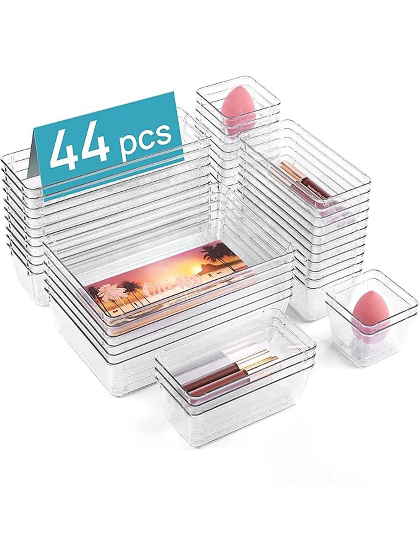 44pcs Drawer Storage Box Kit, Multifunctional Clear Plastic Drawer Organizer Set, Drawer Divider Organizers And Storage Box