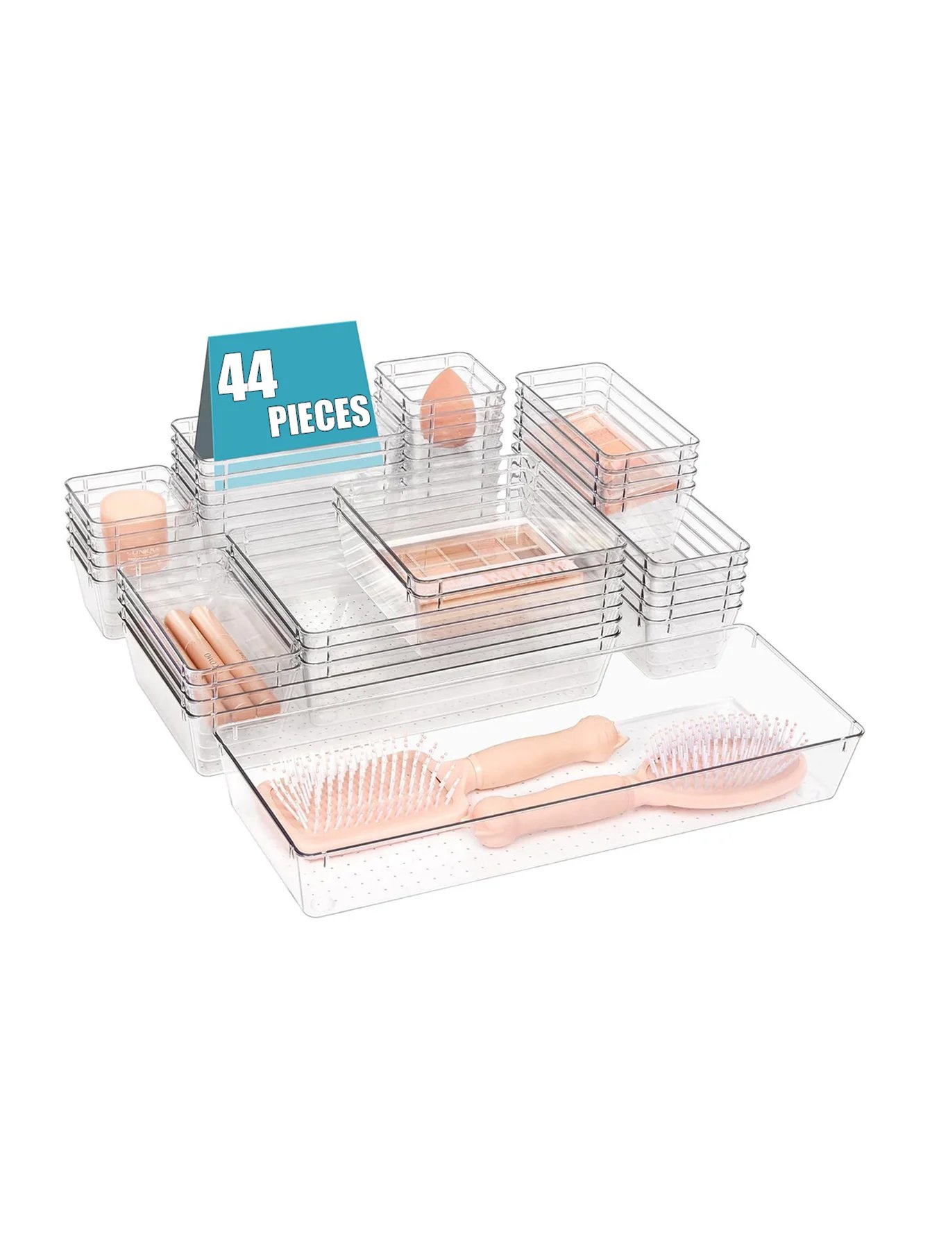 44pcs Drawer Storage Box Kit, Multifunctional Clear Plastic Drawer Organizer Set, Drawer Divider Organizers And Storage Box