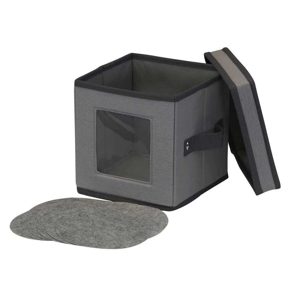 Foldable Saucer Storage Box Holds 12 Saucers with Felt Protectors Stackable Design Windowed Panel Reinforced Handles Space Saver