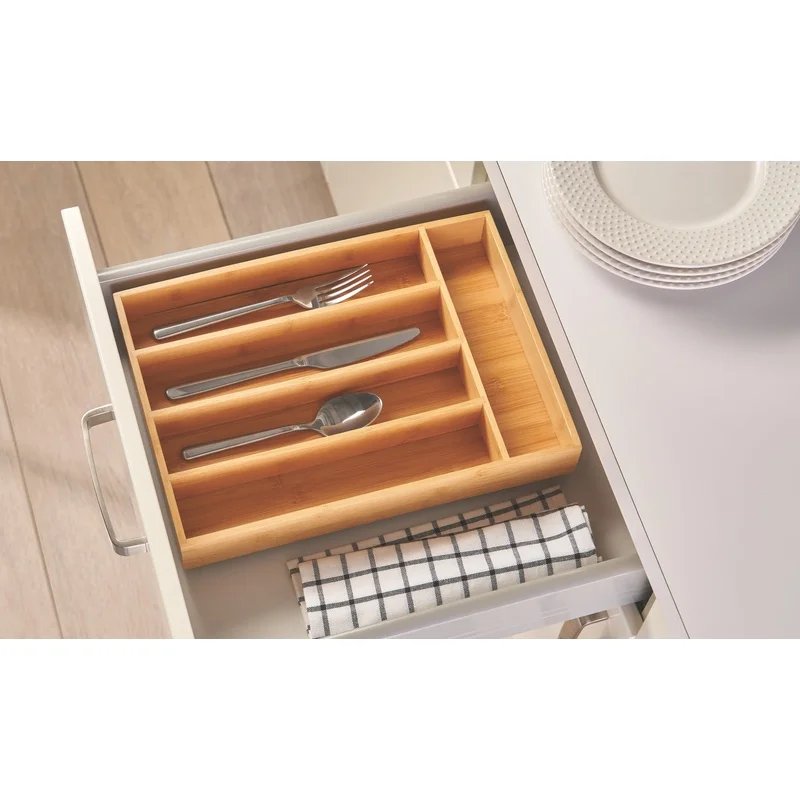 Natural Bamboo Silverware Organizer Drawer Divider 5 Compartments Kitchen Office Utensils Storage Sustainable Durable Elegant