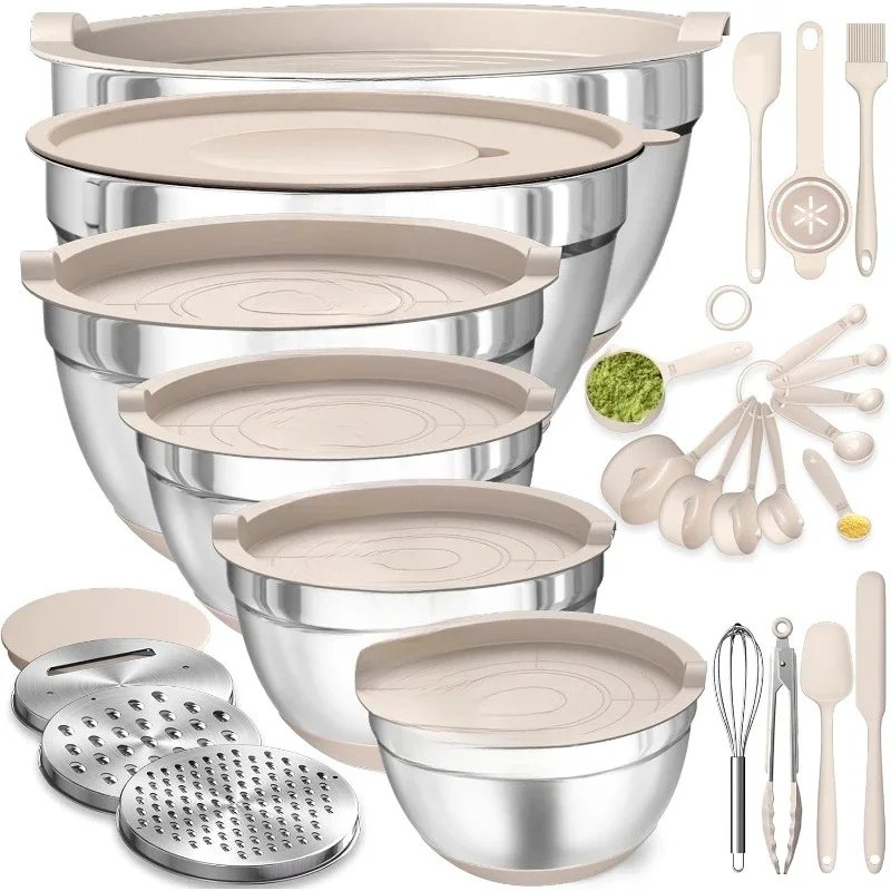 Mixing Bowls with Airtight Lids Set, 26PCS Stainless Steel Khaki Bowls with Grater Attachments, Non-Slip Bottoms.Free Delivery. Mixing Bowls with Airtight Lids Set, 26PCS Stainless Steel Khaki Bowls with Grater Attachments, Non-Slip Bottoms.Free Delivery.