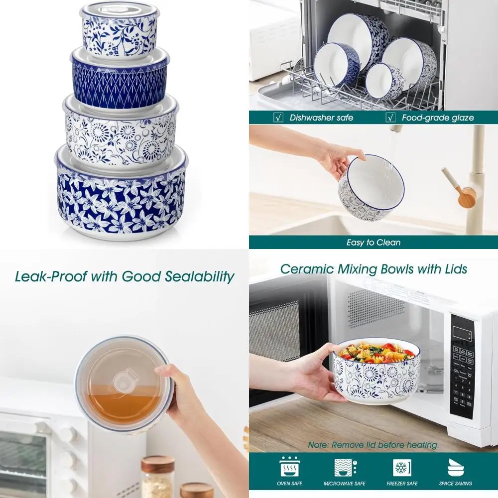 ceramic mixing bowls with lids set of 4,ceramic serving bowls,nesting bowls for food storage,prep bowl,mixing bowl for kitchen,