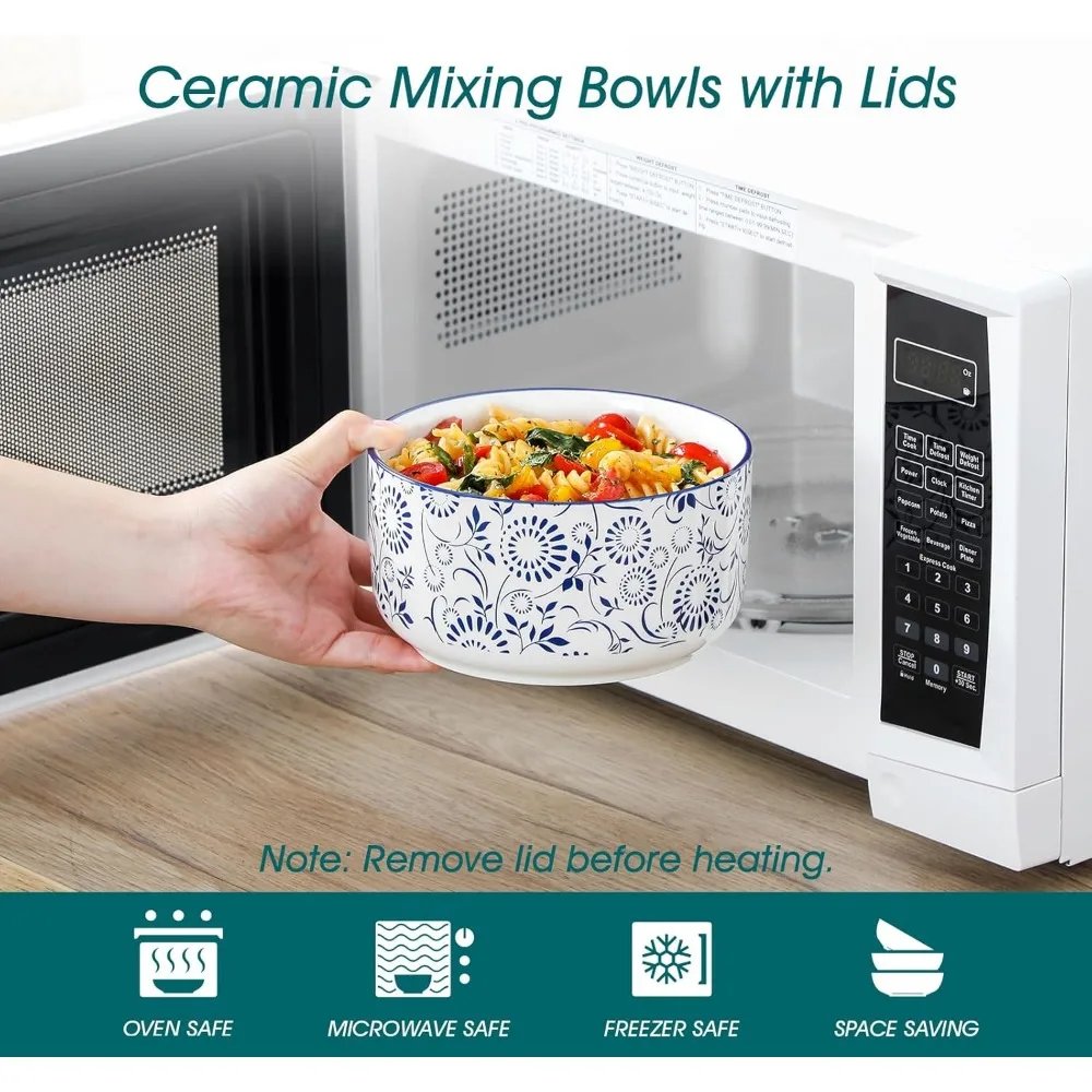 ceramic mixing bowls with lids set of 4,ceramic serving bowls,nesting bowls for food storage,prep bowl,mixing bowl for kitchen,