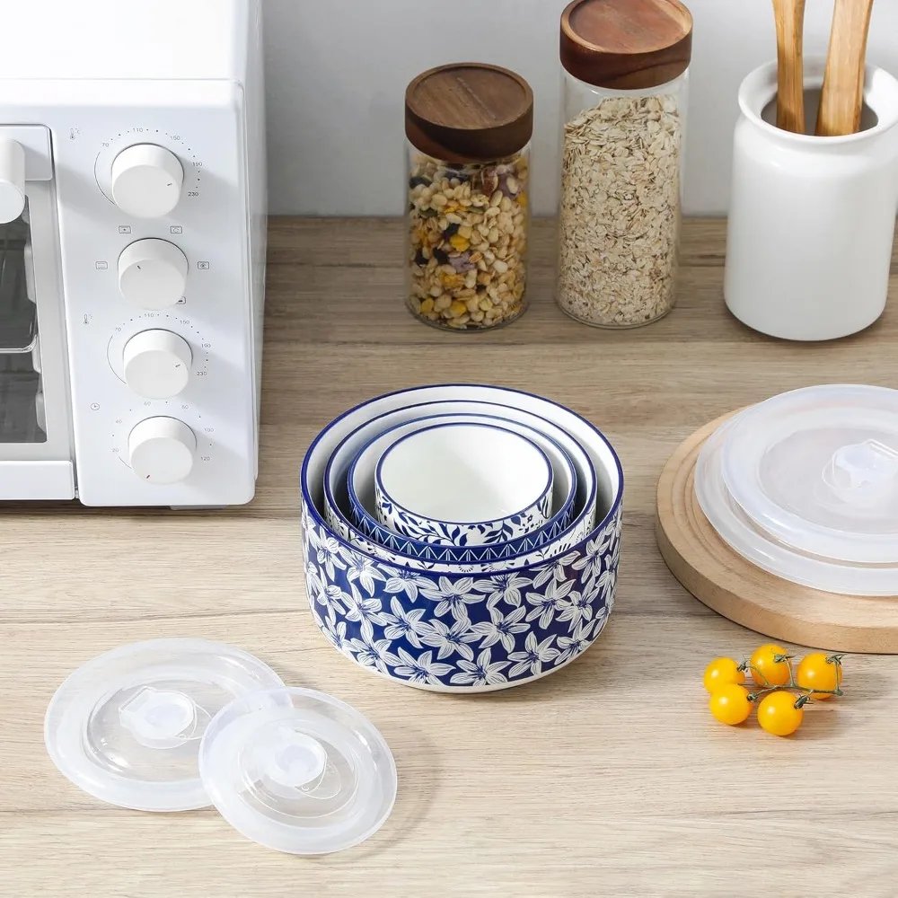 ceramic mixing bowls with lids set of 4,ceramic serving bowls,nesting bowls for food storage,prep bowl,mixing bowl for kitchen,