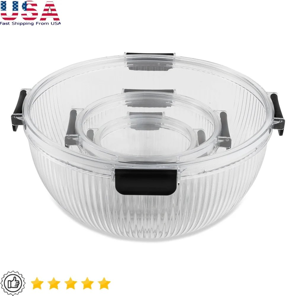 6PC Plastic Mixing Bowls Set with Airtight Lids Nesting Design Shatter Resistant Clear Ribbed Kitchen Storage Containers