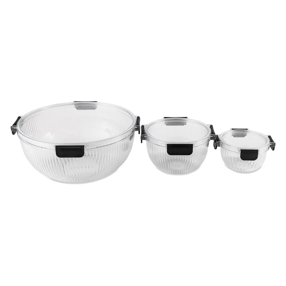 6PC Plastic Mixing Bowls Set with Airtight Lids Nesting Design Shatter Resistant Clear Ribbed Kitchen Storage Containers