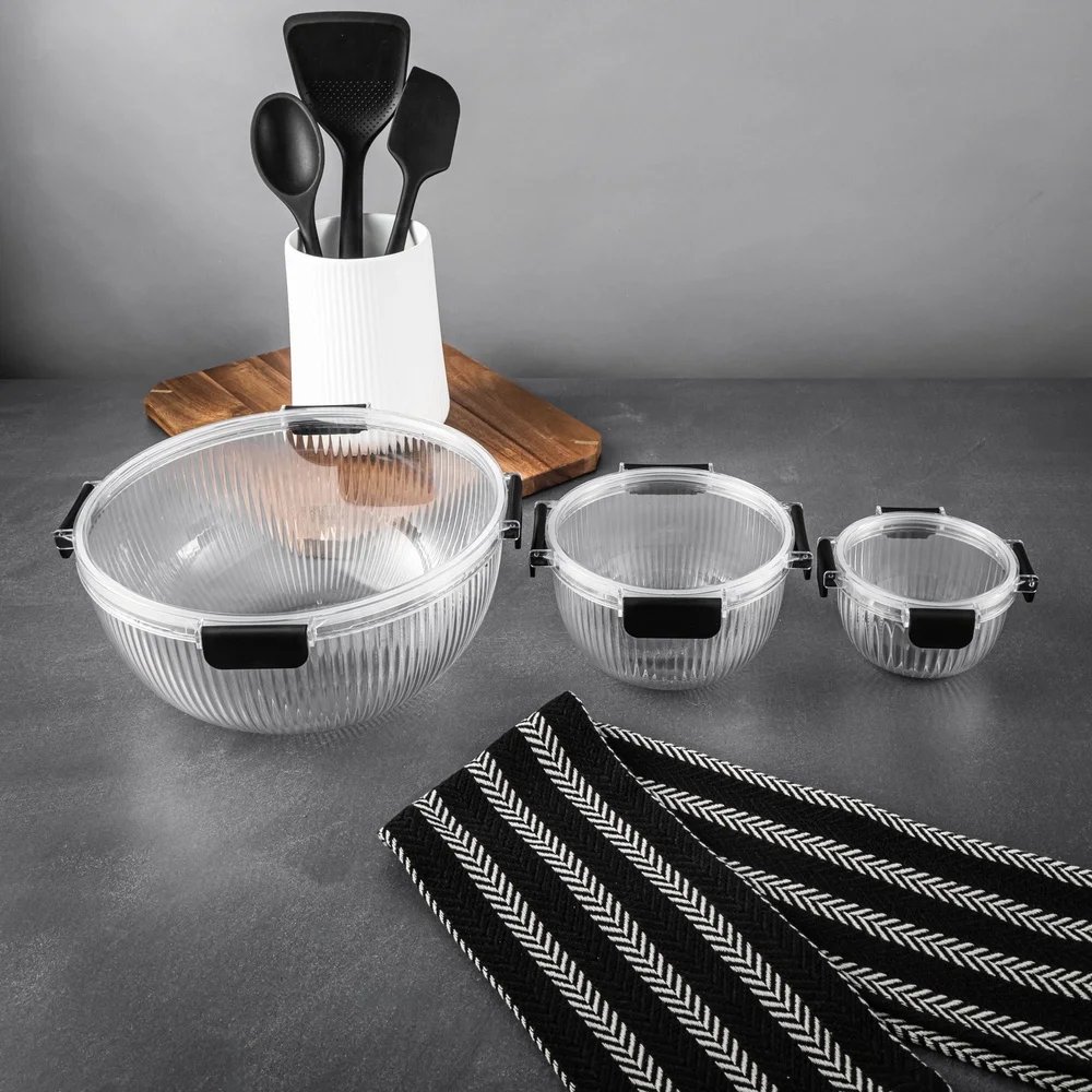 6PC Plastic Mixing Bowls Set with Airtight Lids Nesting Design Shatter Resistant Clear Ribbed Kitchen Storage Containers