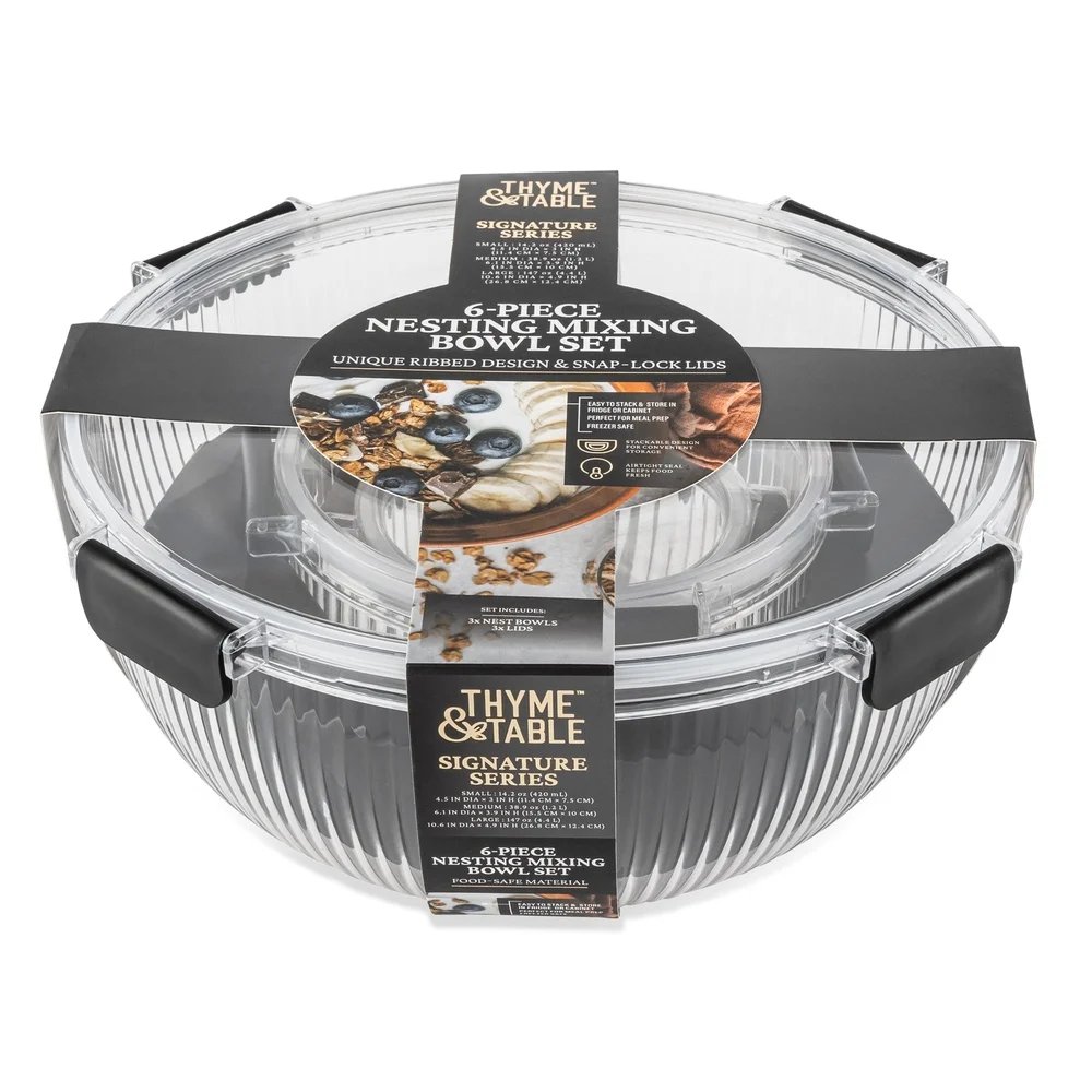 6PC Plastic Mixing Bowls Set with Airtight Lids Nesting Design Shatter Resistant Clear Ribbed Kitchen Storage Containers