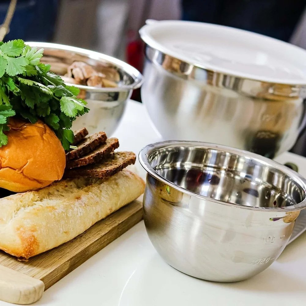 OVENTE Mixing Bowl Stainless Steel with Lids Nesting Bowls with Measuring Marks Easy to Clean and Store Perfect Cooking Baking OVENTE Mixing Bowl Stainless Steel with Lids Nesting Bowls with Measuring Marks Easy to Clean and Store Perfect Cooking Baking