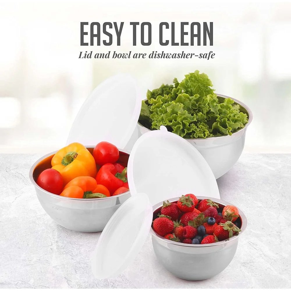 OVENTE Mixing Bowl Stainless Steel with Lids Nesting Bowls with Measuring Marks Easy to Clean and Store Perfect Cooking Baking OVENTE Mixing Bowl Stainless Steel with Lids Nesting Bowls with Measuring Marks Easy to Clean and Store Perfect Cooking Baking