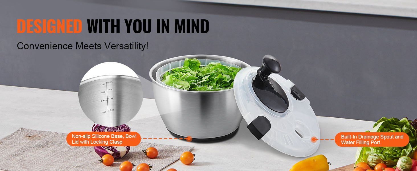 SucceBuy Stainless Steel Salad Spinner 4.75Qt One-handed Easy Press Large Vegetable Dryer Washer Lettuce Cleaner and Dryer