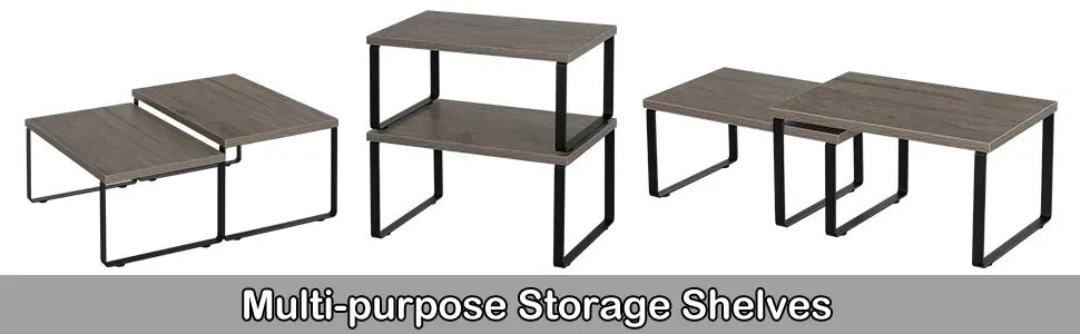 Cabinet Storage Shelf Organizers Stackable Expandable Kitchen Spice Racks Countertop Shelves Set of 4 Table Grey