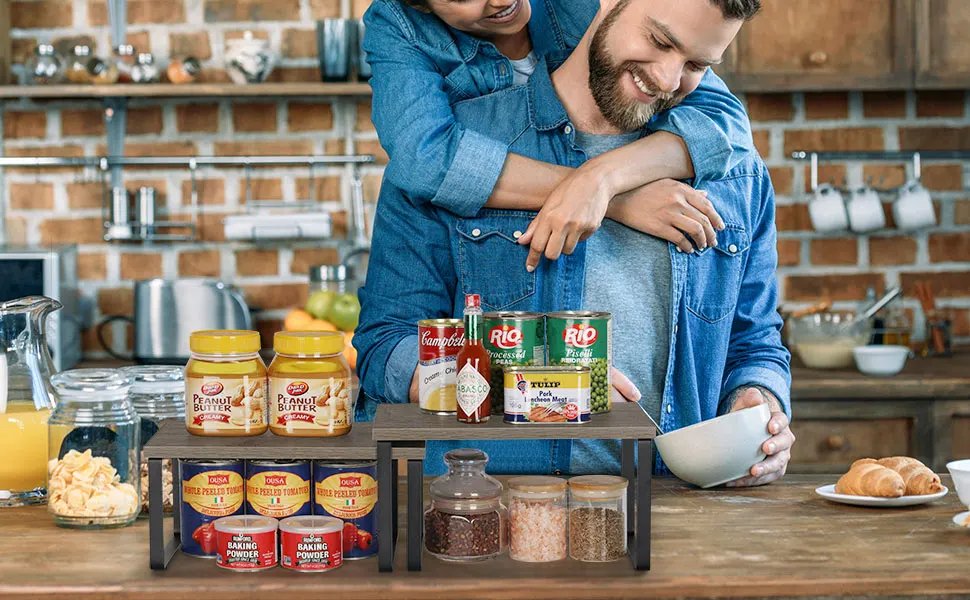 Cabinet Storage Shelf Organizers Stackable Expandable Kitchen Spice Racks Countertop Shelves Set of 4 Table Grey