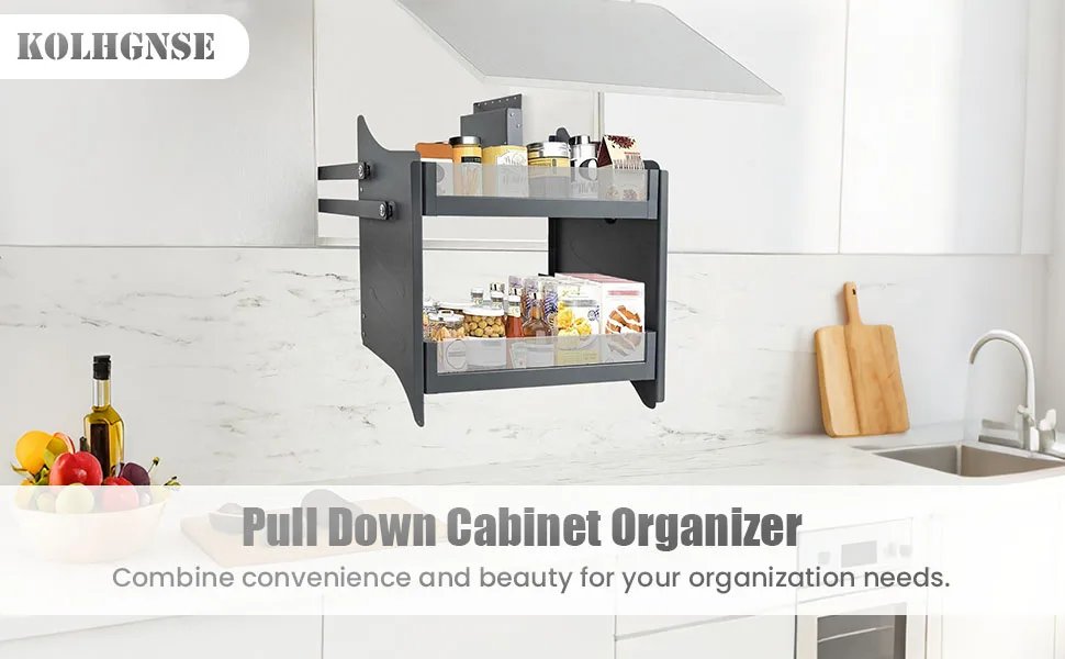 Pull Down Cabinet Organizer, 2-Tier Pull Down Shelf Heavy-Duty Pull Down Spice Rack Upper Organizer Kitchen Appliance