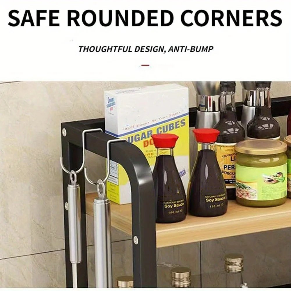 Freestanding Countertop Spice Shelf 2 Tiers 20 Seasoning Organizer Shelf Black Wood Kitchen Storage Shelves for Bathroom Counter