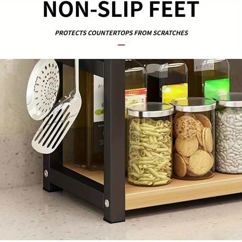 Freestanding Countertop Spice Shelf 2 Tiers 20 Seasoning Organizer Shelf Black Wood Kitchen Storage Shelves for Bathroom Counter