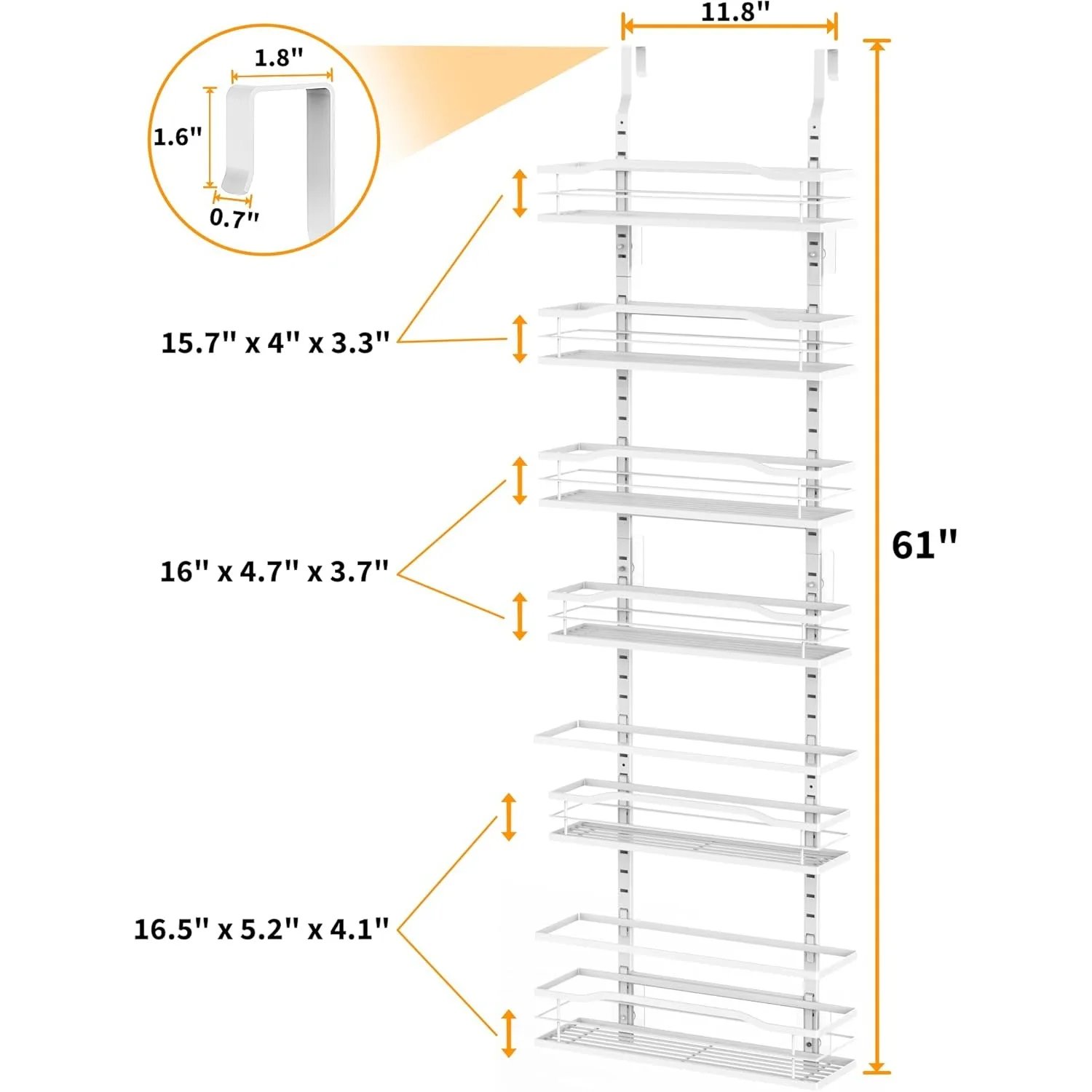 White 6-Tier Over Door Pantry Organizer, Pantry Organization Storage, Door Metal Hanging Spice Rack Basket Shelves