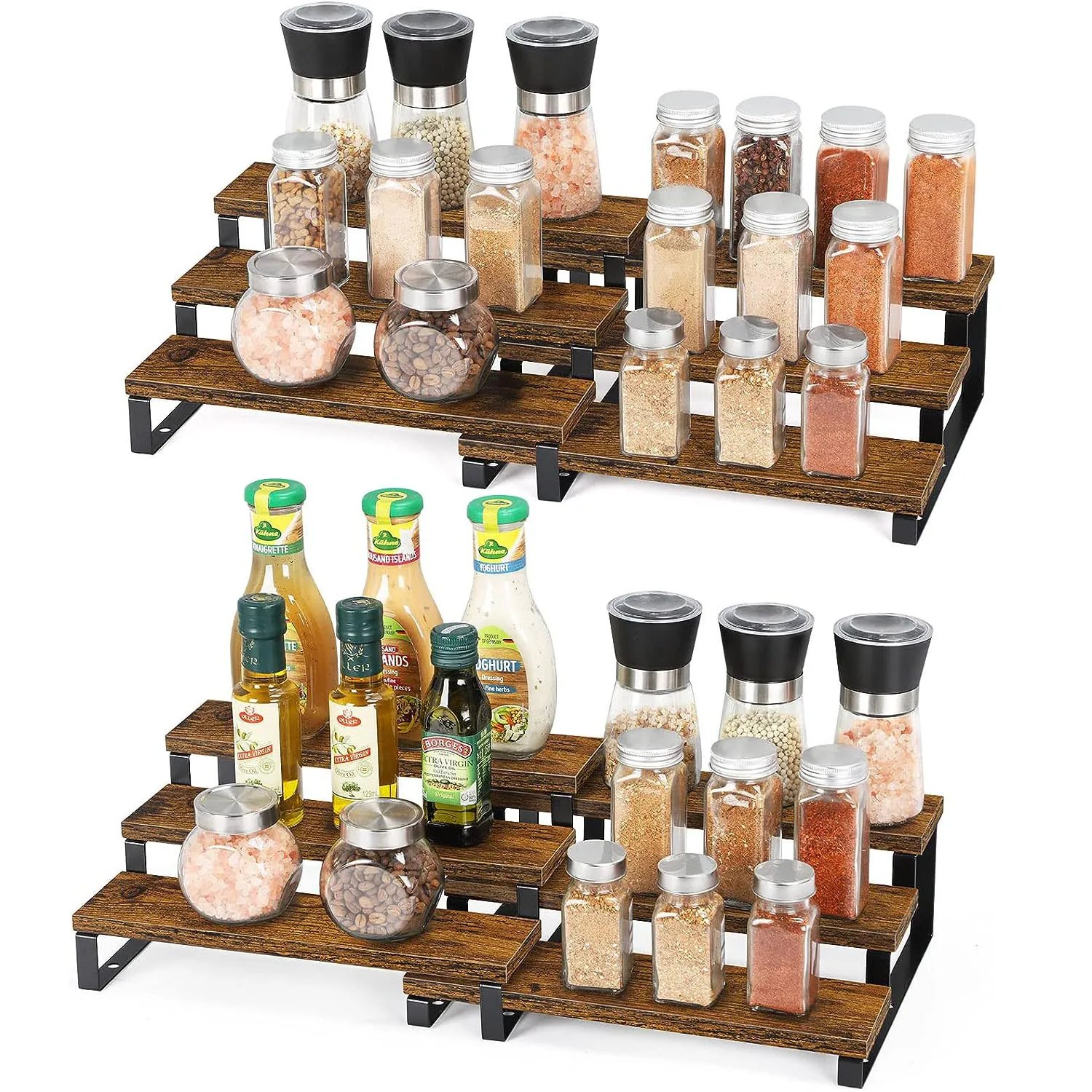 3-Tier Wooden Spice Rack Organizer for Cabinet, Expandable Spice Rack Shelf Organizer for Kitchen Cabinet Countertop, Set of 2 3-Tier Wooden Spice Rack Organizer for Cabinet, Expandable Spice Rack Shelf Organizer for Kitchen Cabinet Countertop, Set of 2
