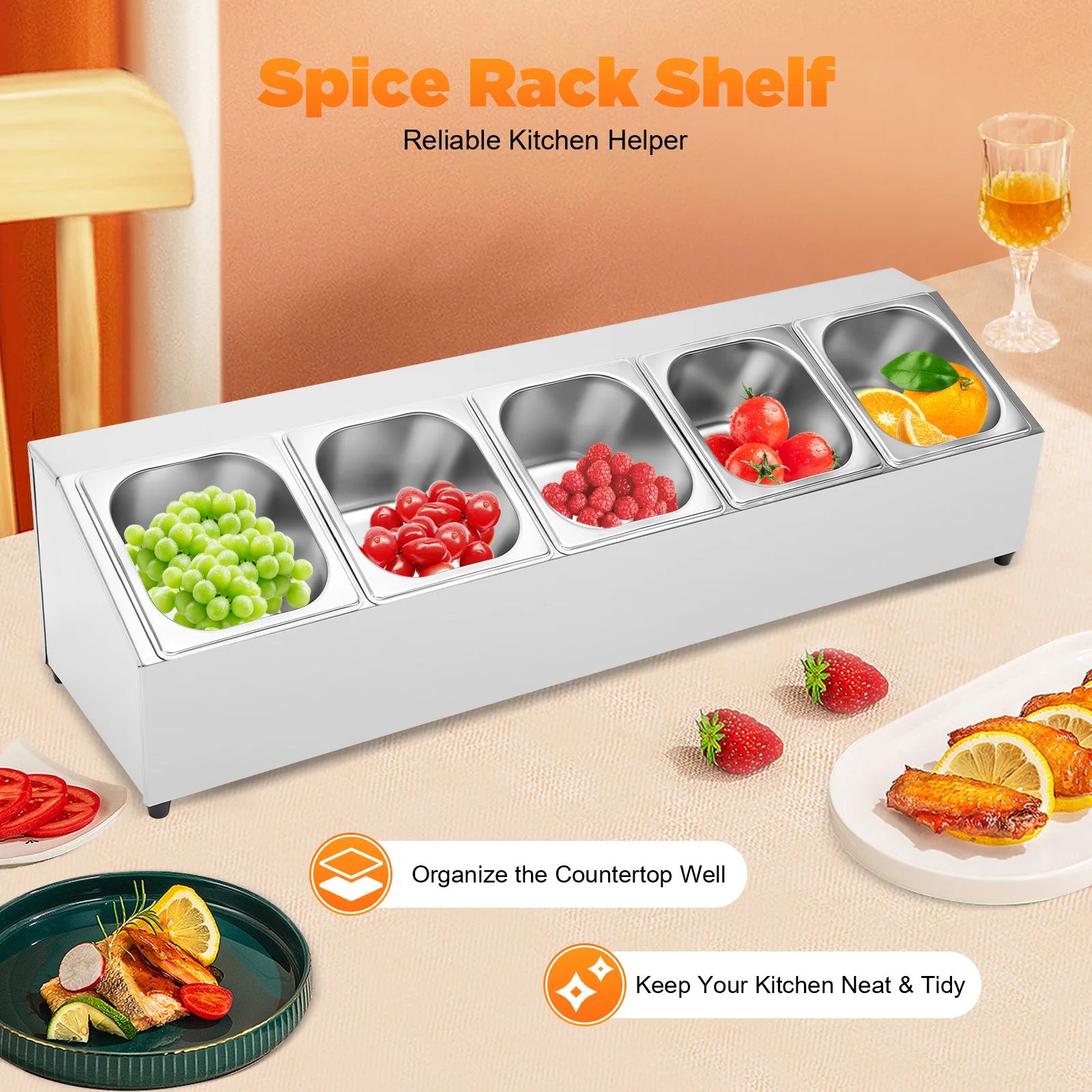 Spice Rack Shelf Stainless Steel One Row with 5 Containers, Countertop Inclined Holder for Seasoning Sauce Jam Fruits Ingredient