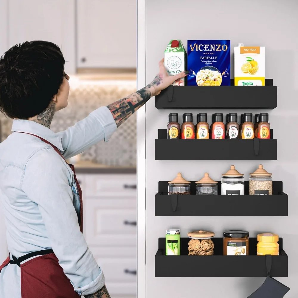 gd metal magnetic spice rack for refrigerator &ndash; 5 pack strong magnet organizer shelves with notepad &ndash; black heavy-duty spice sto
