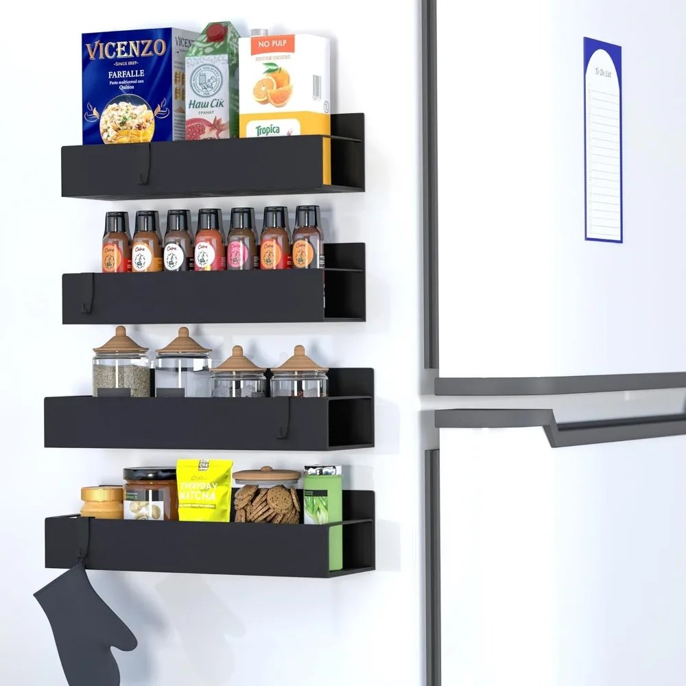 gd metal magnetic spice rack for refrigerator &ndash; 5 pack strong magnet organizer shelves with notepad &ndash; black heavy-duty spice sto