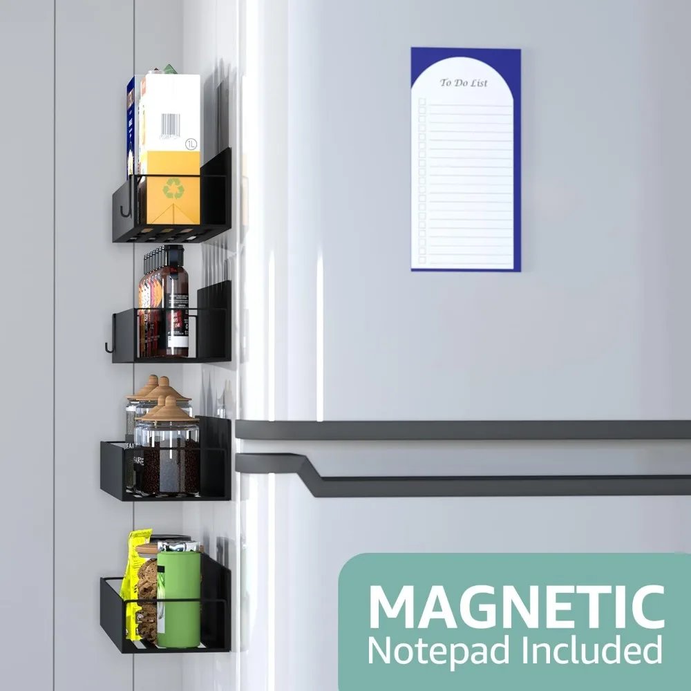 gd metal magnetic spice rack for refrigerator &ndash; 5 pack strong magnet organizer shelves with notepad &ndash; black heavy-duty spice sto