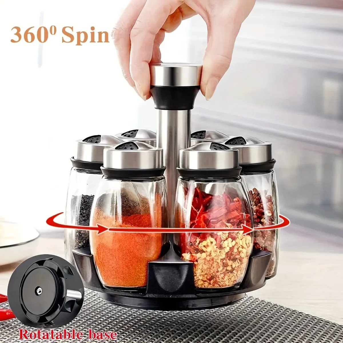 360°Rotation Spice Rack,6 Jar Seasoning Organizer Holder with Polished Metal Glass Spice Refill Containers Jars for Kitchen Cook 360°Rotation Spice Rack,6 Jar Seasoning Organizer Holder with Polished Metal Glass Spice Refill Containers Jars for Kitchen Cook