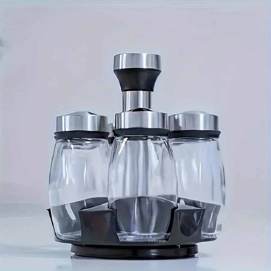 360&deg;Rotation Spice Rack,6 Jar Seasoning Organizer Holder with Polished Metal Glass Spice Refill Containers Jars for Kitchen Cook