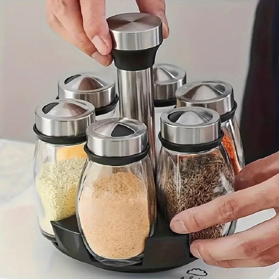 360°Rotation Spice Rack,6 Jar Seasoning Organizer Holder with Polished Metal Glass Spice Refill Containers Jars for Kitchen Cook 360°Rotation Spice Rack,6 Jar Seasoning Organizer Holder with Polished Metal Glass Spice Refill Containers Jars for Kitchen Cook
