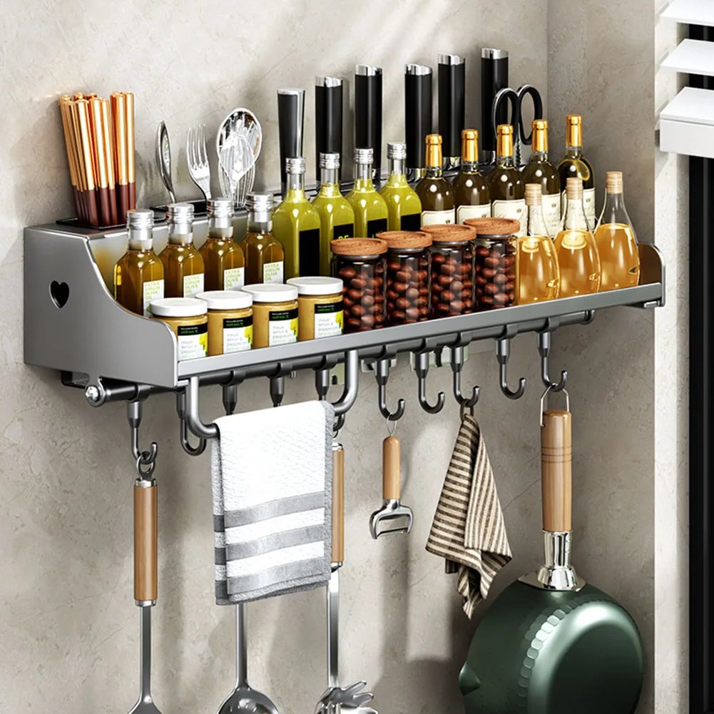 60CM Hanging Storage Rack with 12 Hooks Kitchen Spice Rack Punch-Free Spice Organizer for Chopsticks Spoons Shovels Organize