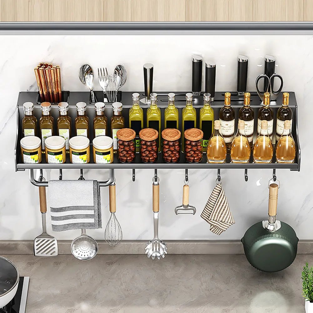 60CM Hanging Storage Rack with 12 Hooks Kitchen Spice Rack Punch-Free Spice Organizer for Chopsticks Spoons Shovels Organize