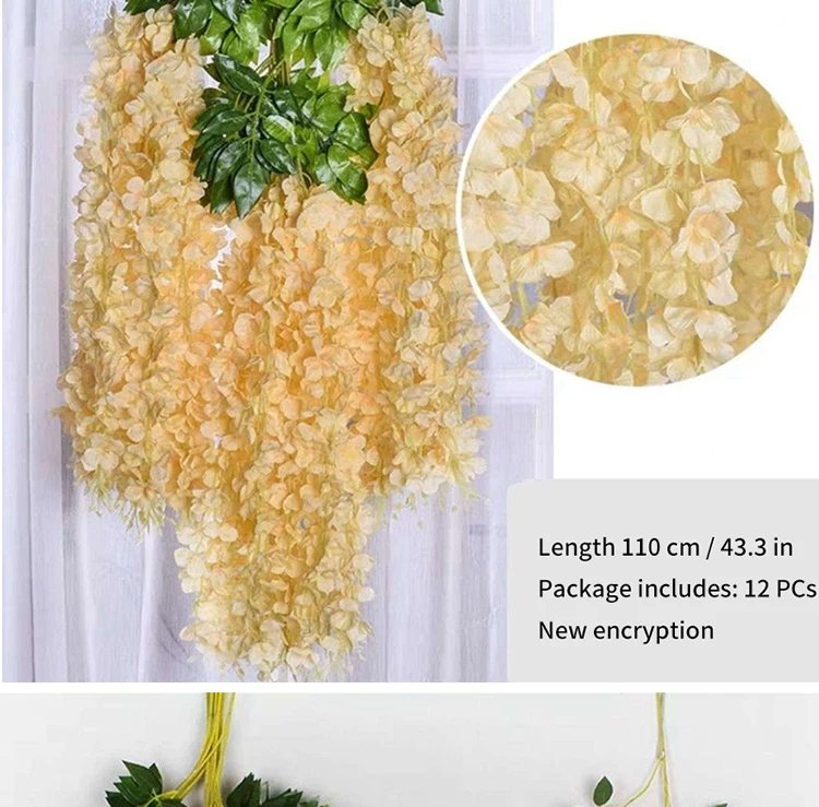 Artificial Wisteria Flower Hanging Garland, Rattan Fake Flower, String Flower, Wedding Party, Garden,  Home Wall Decor, 12PCS