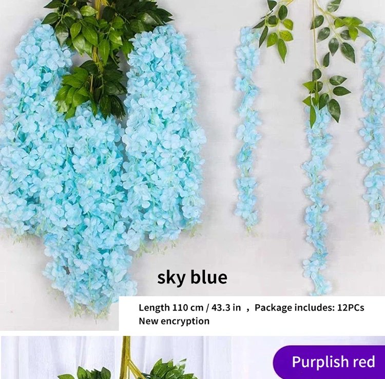 Artificial Wisteria Flower Hanging Garland, Rattan Fake Flower, String Flower, Wedding Party, Garden,  Home Wall Decor, 12PCS
