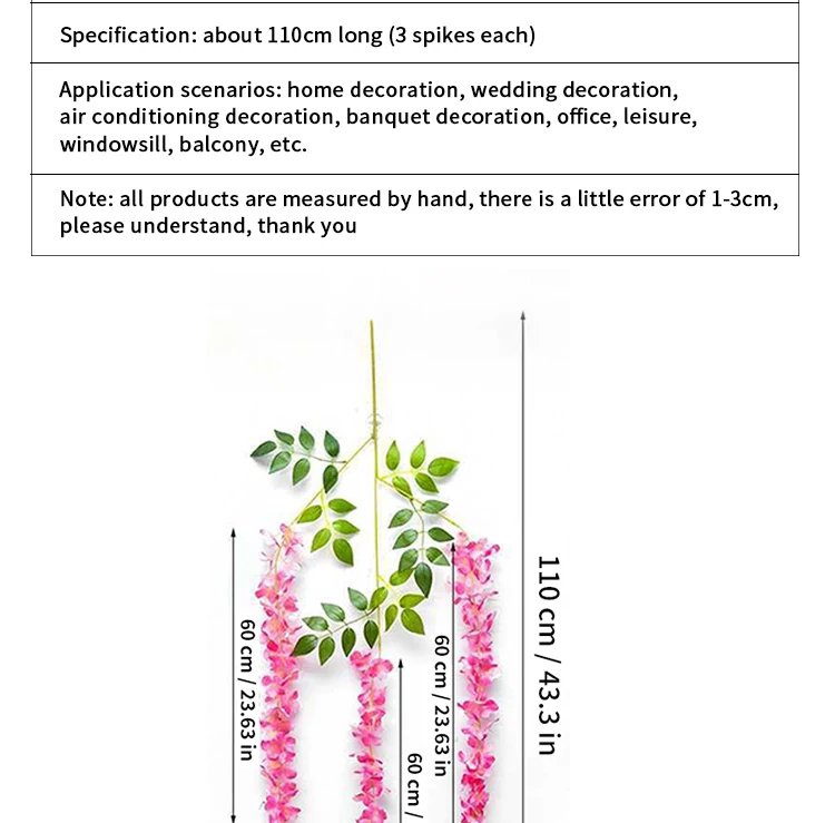 Artificial Wisteria Flower Hanging Garland, Rattan Fake Flower, String Flower, Wedding Party, Garden,  Home Wall Decor, 12PCS