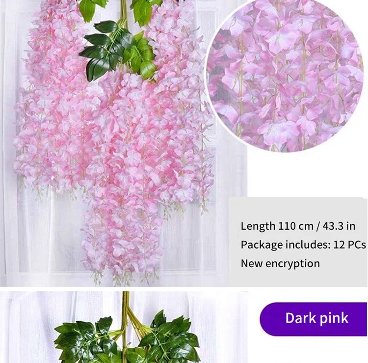 Artificial Wisteria Flower Hanging Garland, Rattan Fake Flower, String Flower, Wedding Party, Garden,  Home Wall Decor, 12PCS