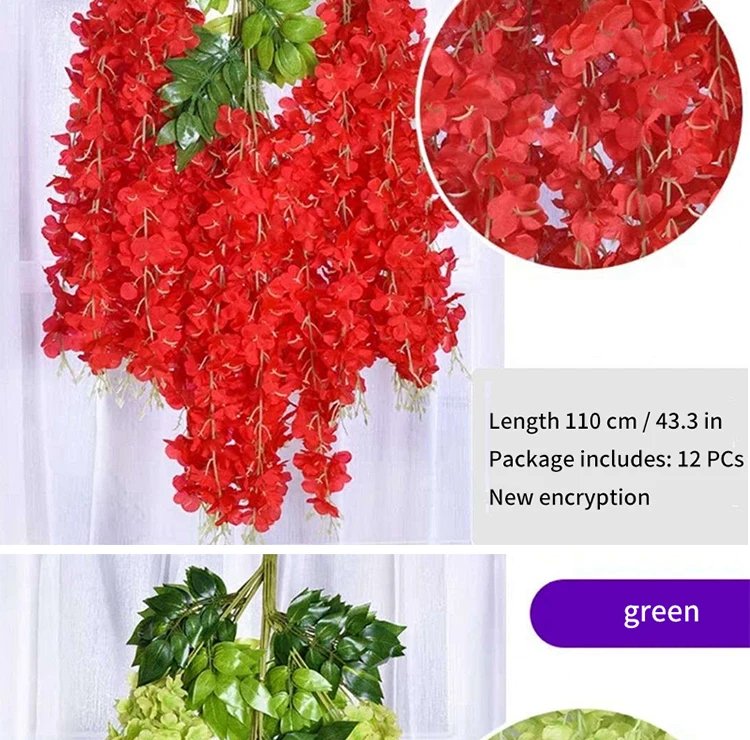 Artificial Wisteria Flower Hanging Garland, Rattan Fake Flower, String Flower, Wedding Party, Garden,  Home Wall Decor, 12PCS