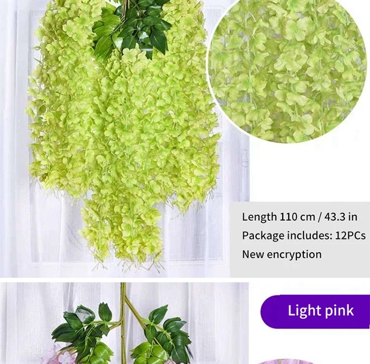 Artificial Wisteria Flower Hanging Garland, Rattan Fake Flower, String Flower, Wedding Party, Garden,  Home Wall Decor, 12PCS