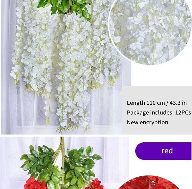 Artificial Wisteria Flower Hanging Garland, Rattan Fake Flower, String Flower, Wedding Party, Garden,  Home Wall Decor, 12PCS