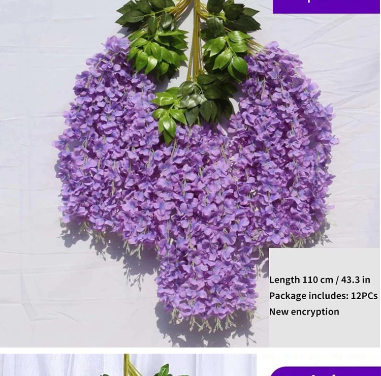 Artificial Wisteria Flower Hanging Garland, Rattan Fake Flower, String Flower, Wedding Party, Garden,  Home Wall Decor, 12PCS