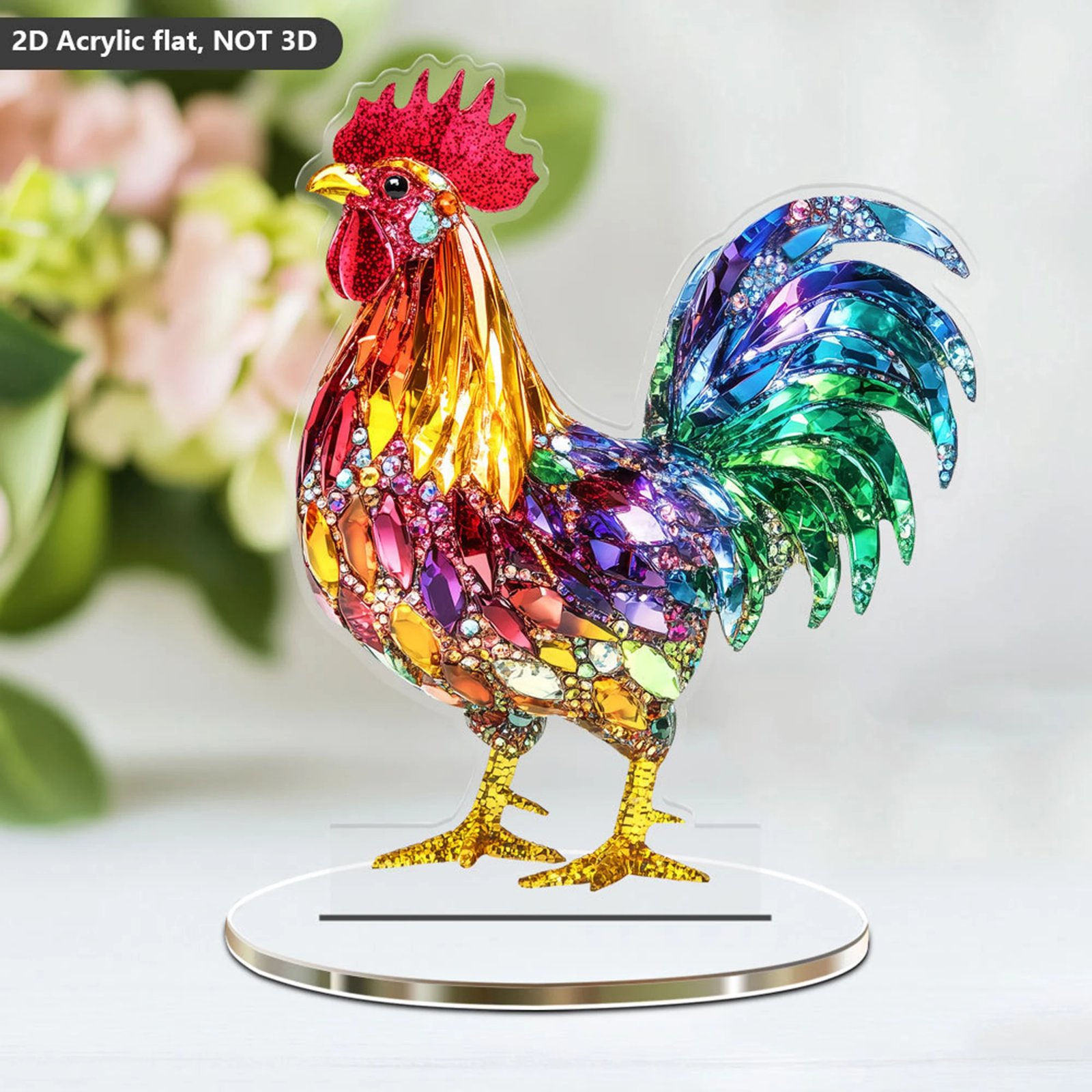 Colorful Animal Figurines Acrylic Decorative Plaque 2D Flat Owl Rooster Tabletop Decor with Base Decorations and Stand