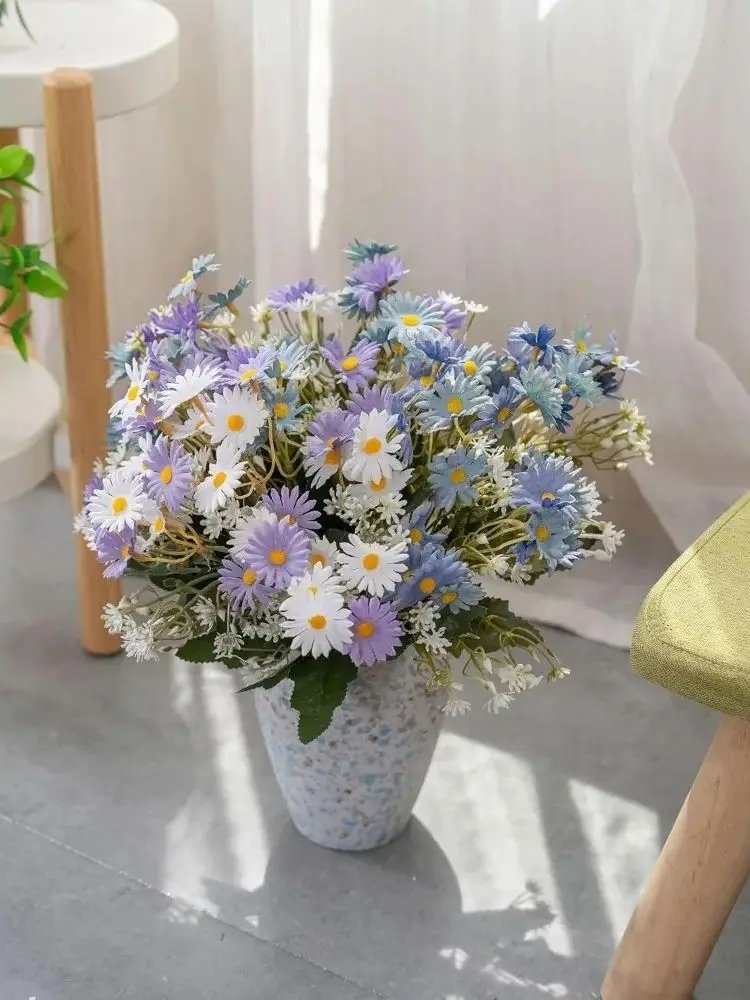 Faux Flowers with Vase, Artificial Flowers in Vase Blue and Purple Daisy Arrangements Wedding Bouquets Decorations Fall Floral F