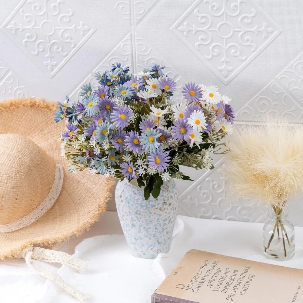 Faux Flowers with Vase, Artificial Flowers in Vase Blue and Purple Daisy Arrangements Wedding Bouquets Decorations Fall Floral F