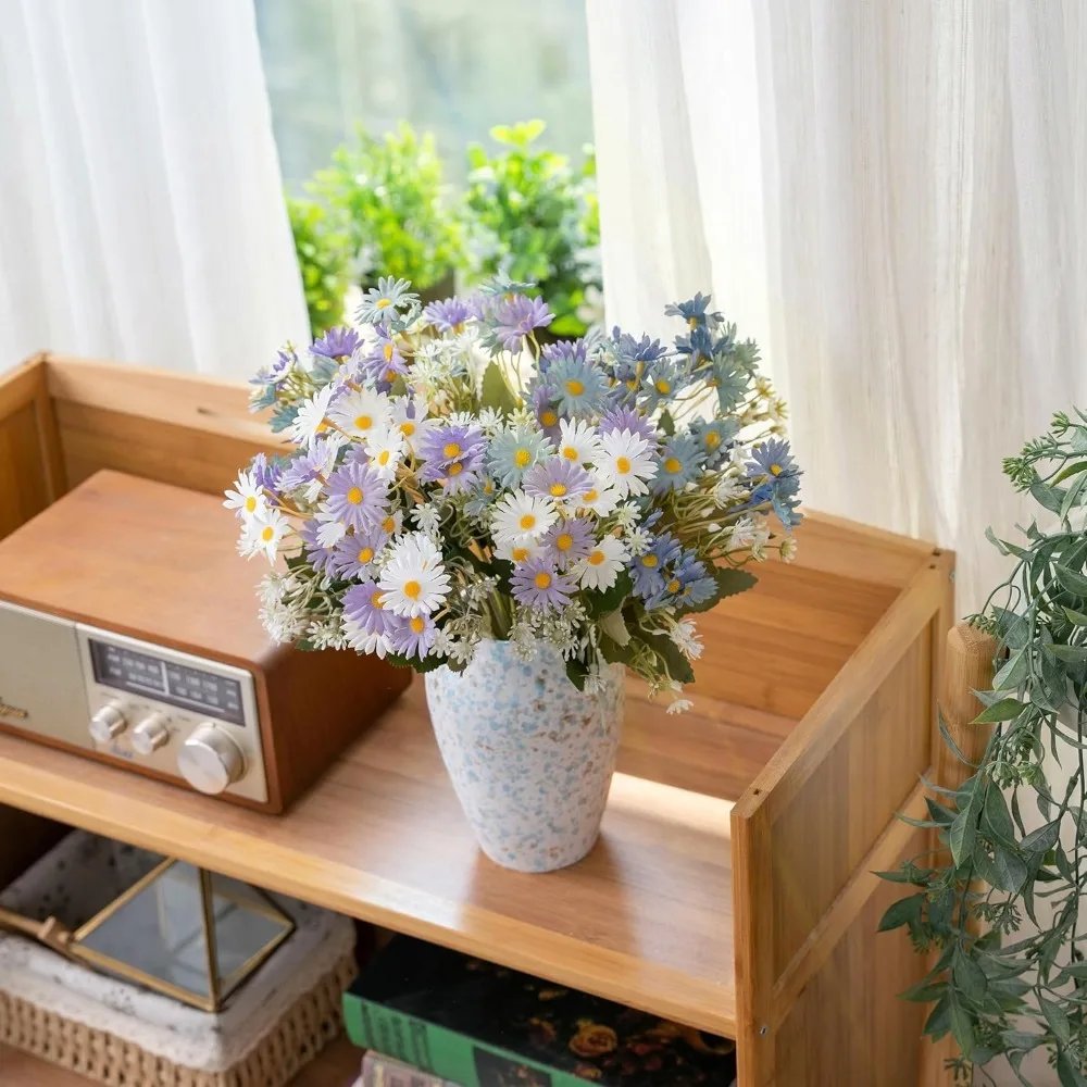 Faux Flowers with Vase, Artificial Flowers in Vase Blue and Purple Daisy Arrangements Wedding Bouquets Decorations Fall Floral F