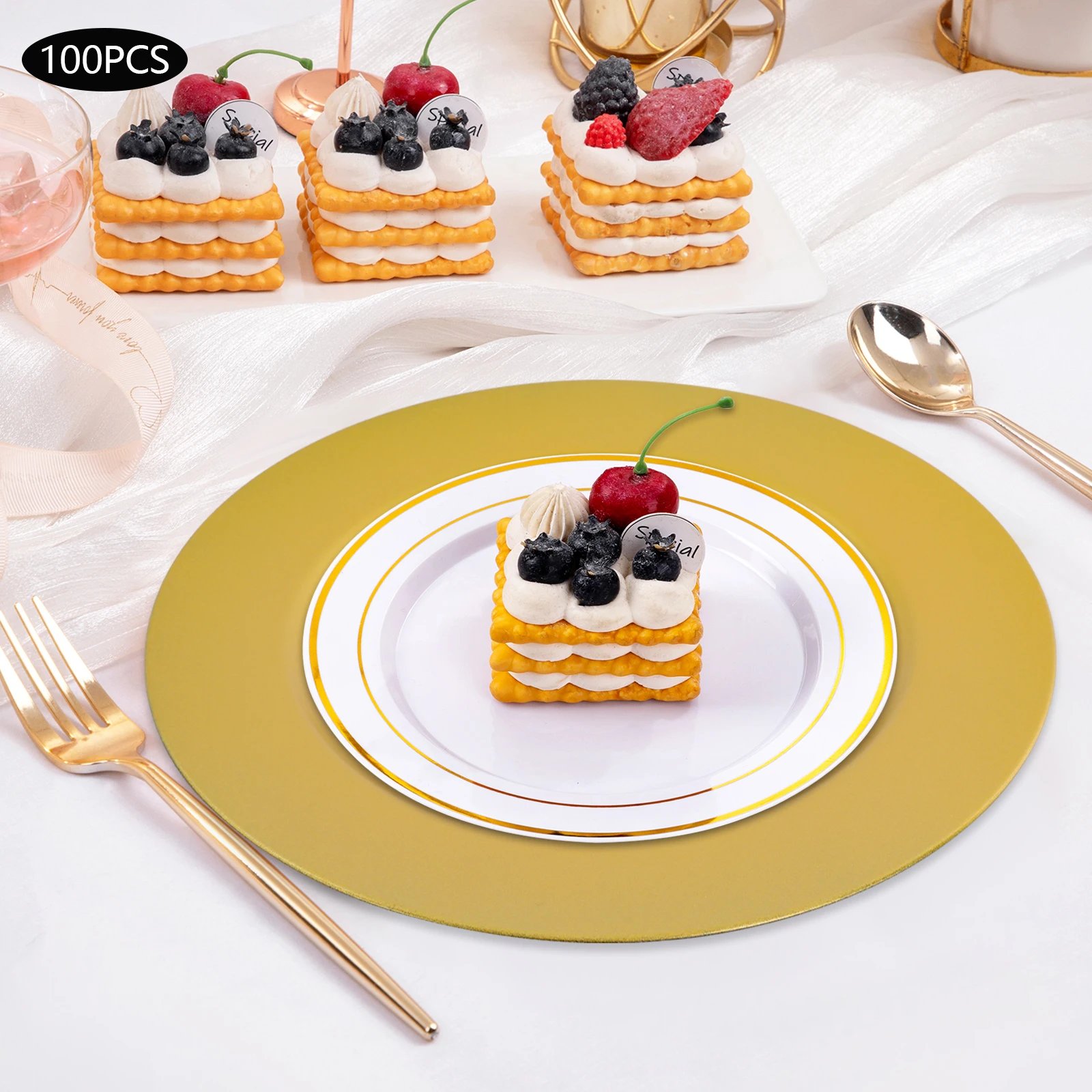 100 Pcs Charger Plates Set Gold Round PP Chargers Dinner Plate Wedding Decoration for Table Setting Wedding Party Baby Shower